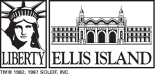 Badge with labelled sketches of Lady Liberty and Ellis Island historical building
