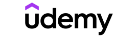Udemy text logo with purple up arrow over "U"
